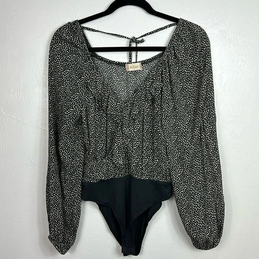 Altar'd State Polka Dot Long Sleeve Ruffle Faux Wrap Bodysuit Size S